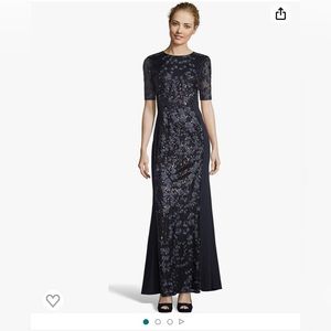 Adrianna Papell Short Sleeve Long Sequin Crepe Midnight Gown holiday formal